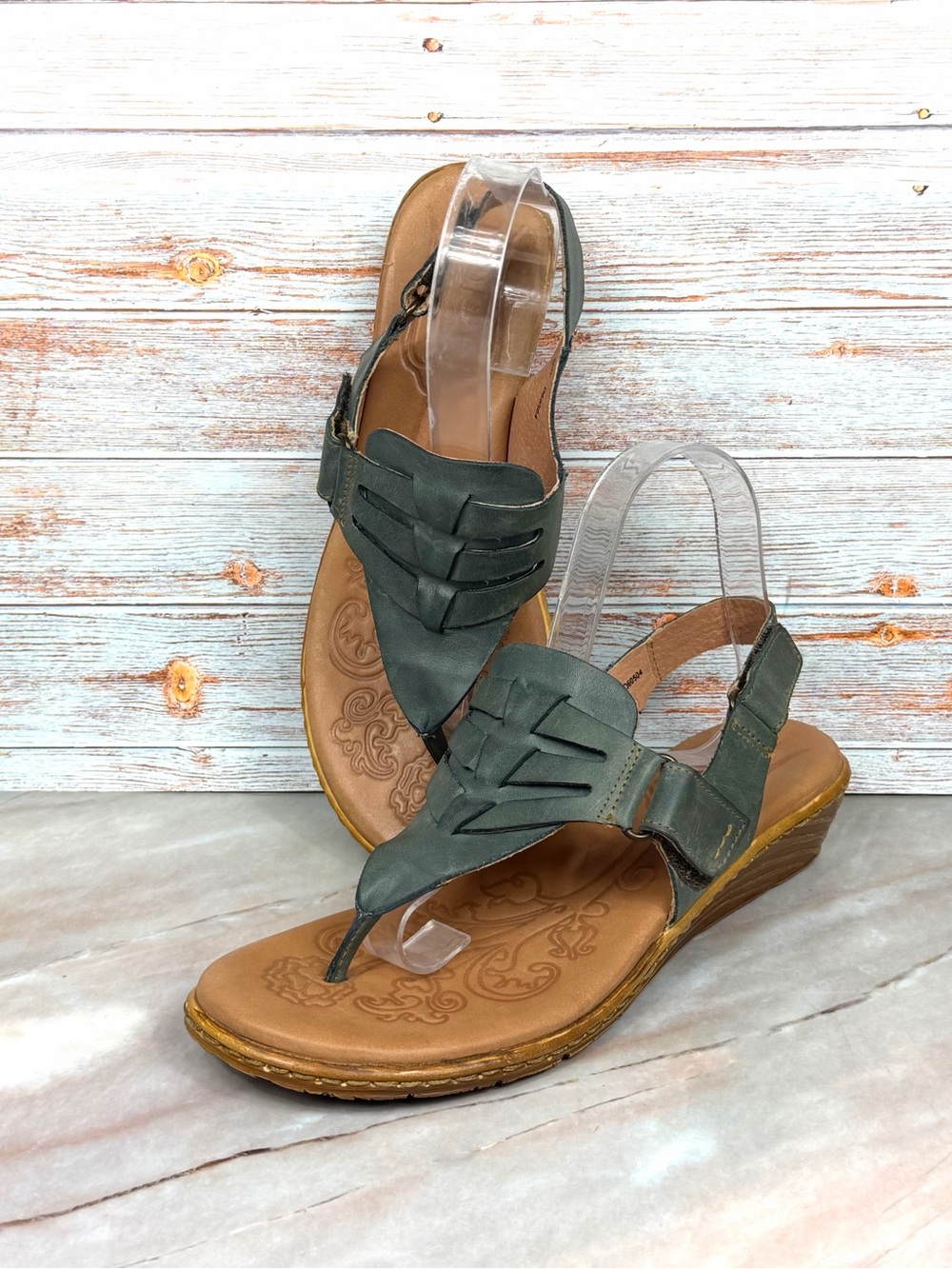 Born Karis Wedge Thong Slingback Sandals in Dark Sage Leather